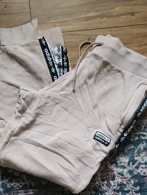 adidas Womens Beige Jogger Set with Logo Tape